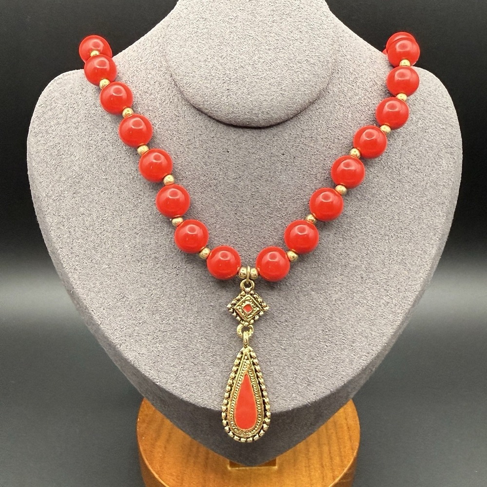 Vintage Red Bead Necklace Gold Tone Teardrop Pendant Bold Mid Century Statement